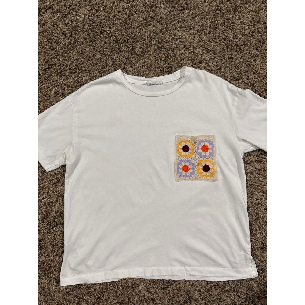 Mango MNG White Boho Crochet Floral Patch Pocket T-Shirt Womens Medium Hipster
